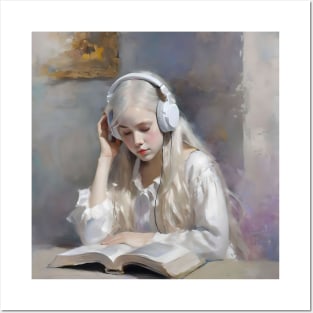 Blonde Girl With Headphones Reading Book A Posters and Art